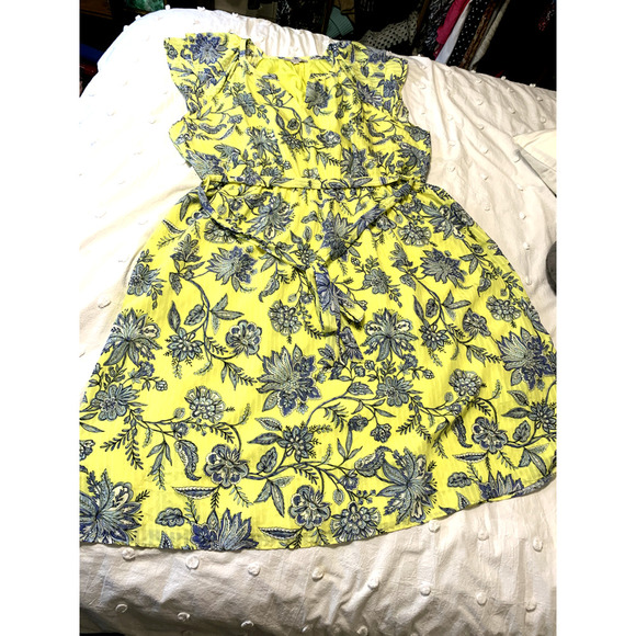 Loft Plus Trellis Garden Ruffle Sleeve Midi Dress Size 26 Yellow Elastic Waist - Picture 2 of 10
